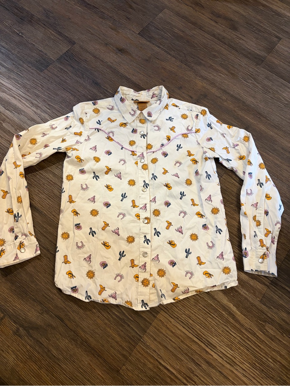 Wrangler Girls Cactus Flower Pearl Snap Shirt Long Sleeve Western Cowgirl SZ L